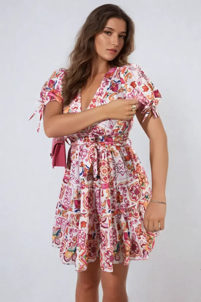 Stylish Floral V-Neck Tie Waist Mini Dress Perfect for Spring & Summer - Image 7