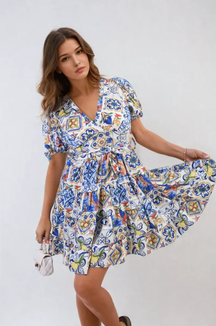 Stylish Floral V-Neck Tie Waist Mini Dress Perfect for Spring & Summer - Image 15