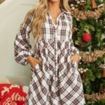 Callie Plaid Bubble Sleeve Shirt Dress - Trendy High Waist Buttoned Front Shirt Dress with Chic Collar