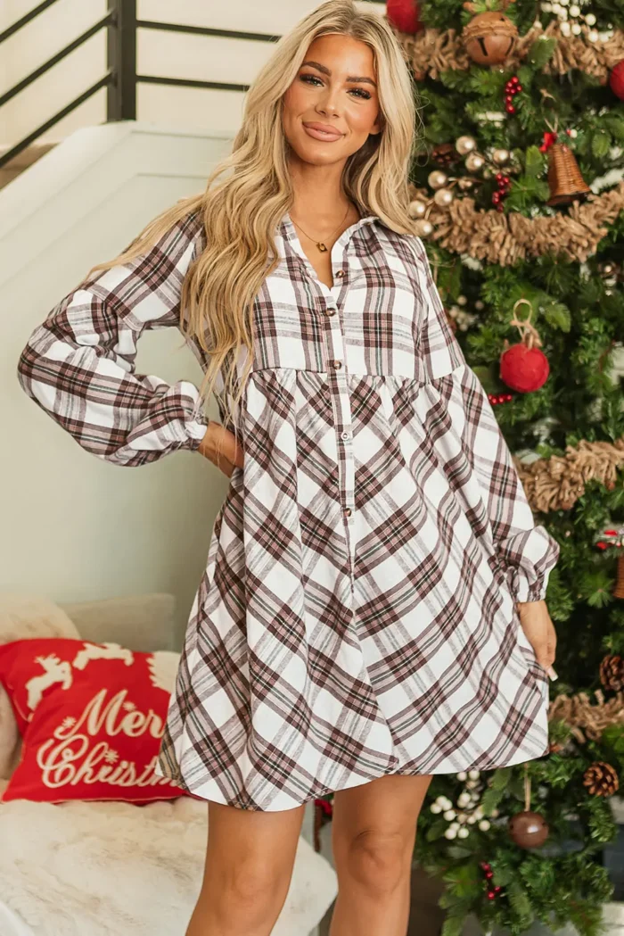 Callie Plaid Bubble Sleeve Shirt Dress - Trendy High Waist Buttoned Front Shirt Dress with Chic Collar - Image 3