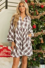 Callie Plaid Bubble Sleeve Shirt Dress - Trendy High Waist Buttoned Front Shirt Dress with Chic Collar - Image 4