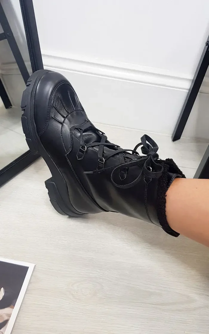 Lace Up Faux Leather Chunky Ankle Boots - Trendy Black PU Boots for All-Day Comfort & Style - Image 2