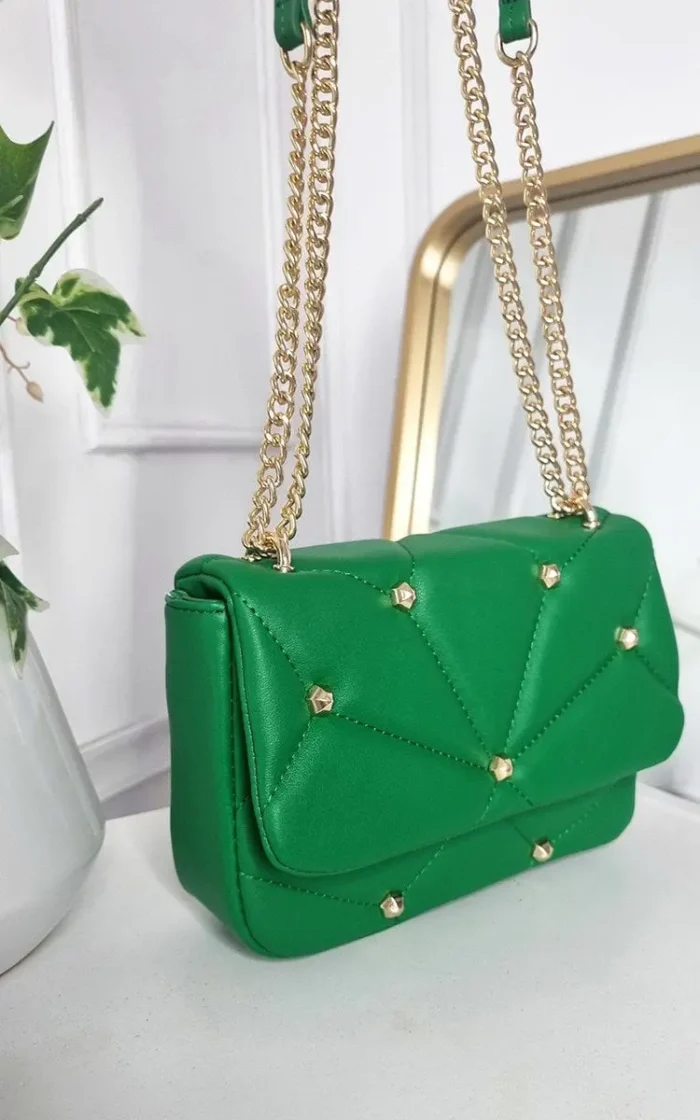 Elegant Studded Handbag with Chain Detail - Premium Faux Leather, Gold Studs, Classic White - Image 3