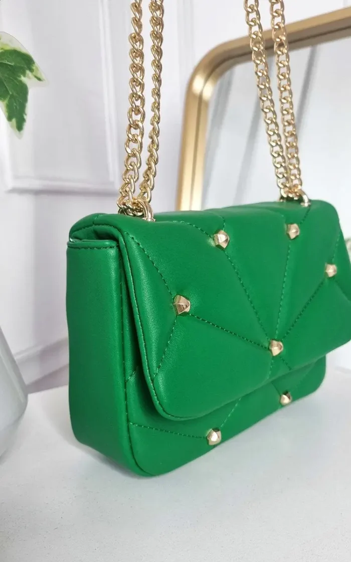 Elegant Studded Handbag with Chain Detail - Premium Faux Leather, Gold Studs, Classic White - Image 4