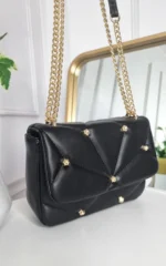 Elegant Studded Handbag with Chain Detail - Premium Faux Leather, Gold Studs, Classic White - Image 6
