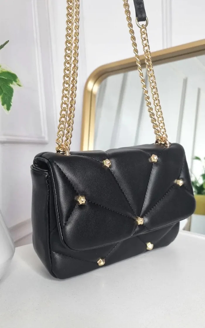 Elegant Studded Handbag with Chain Detail - Premium Faux Leather, Gold Studs, Classic White - Image 6