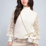 Elegant High Neck Knit Jumper with Crochet Sleeves - Cozy & Stylish