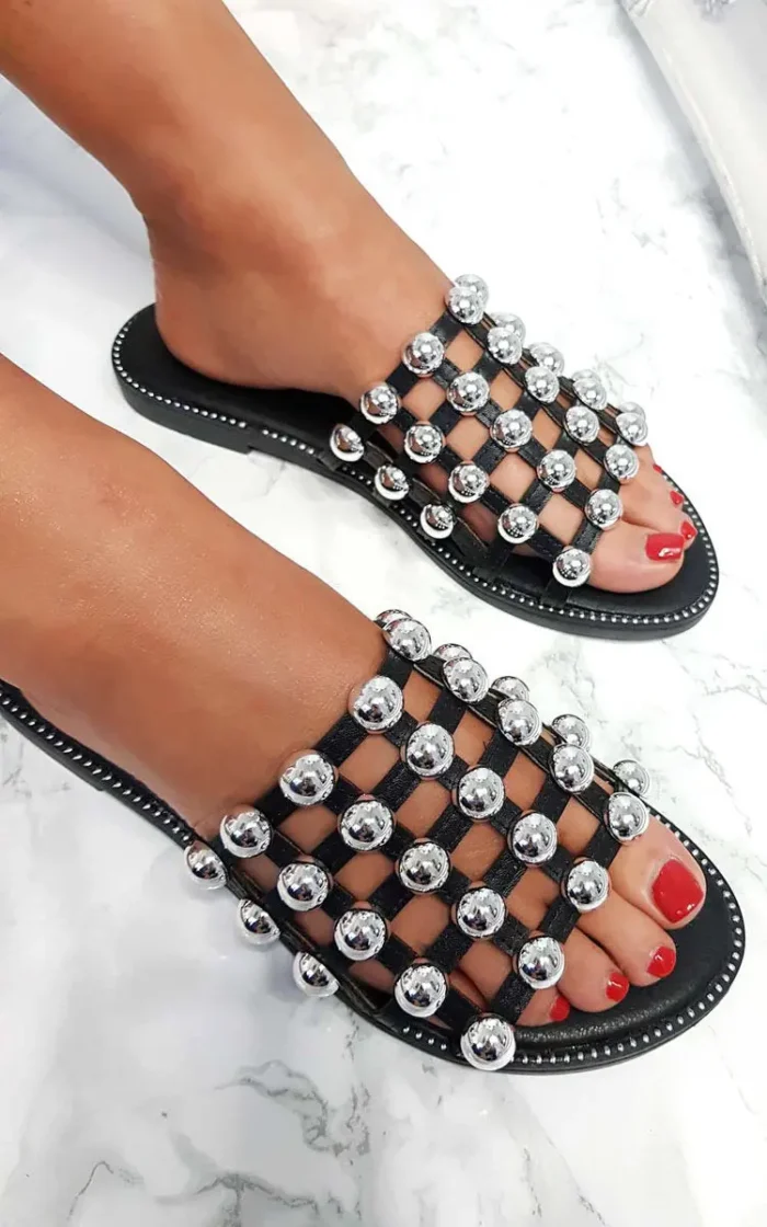 Studded Caged Open Toe Sliders - Chic & Comfortable Summer Sandals - Image 22