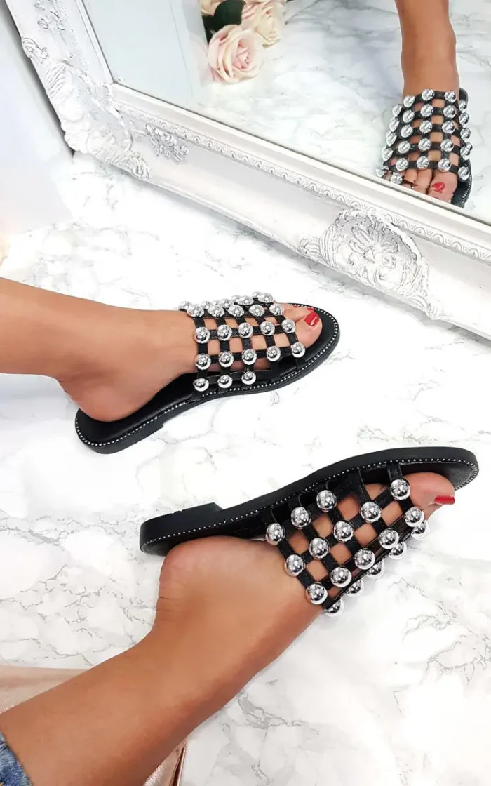 Studded Caged Open Toe Sliders - Chic & Comfortable Summer Sandals - Image 23