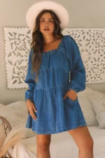 Adalyn Square Neck Denim Dress with Side Pockets - Loose Fit, Comfortable & Stylish Mini Dress - Image 2