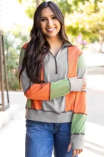 Lilah Block Stitching Half Zipper Sweatshirt - Stylish & Comfortable Color Block Top - Image 4