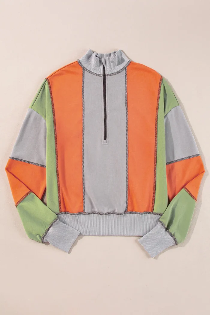 Lilah Block Stitching Half Zipper Sweatshirt - Stylish & Comfortable Color Block Top - Image 5