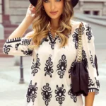 Chic Vintage Geometric Printed V Neck Blouse - 3/4 Sleeves, Sophisticated Style