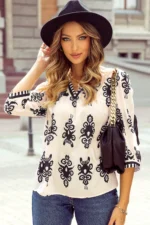 Chic Vintage Geometric Printed V Neck Blouse - 3/4 Sleeves, Sophisticated Style