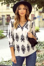 Chic Vintage Geometric Printed V Neck Blouse - 3/4 Sleeves, Sophisticated Style - Image 5