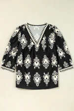 Chic Vintage Geometric Printed V Neck Blouse - 3/4 Sleeves, Sophisticated Style - Image 7