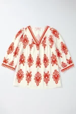 Chic Vintage Geometric Printed V Neck Blouse - 3/4 Sleeves, Sophisticated Style - Image 9