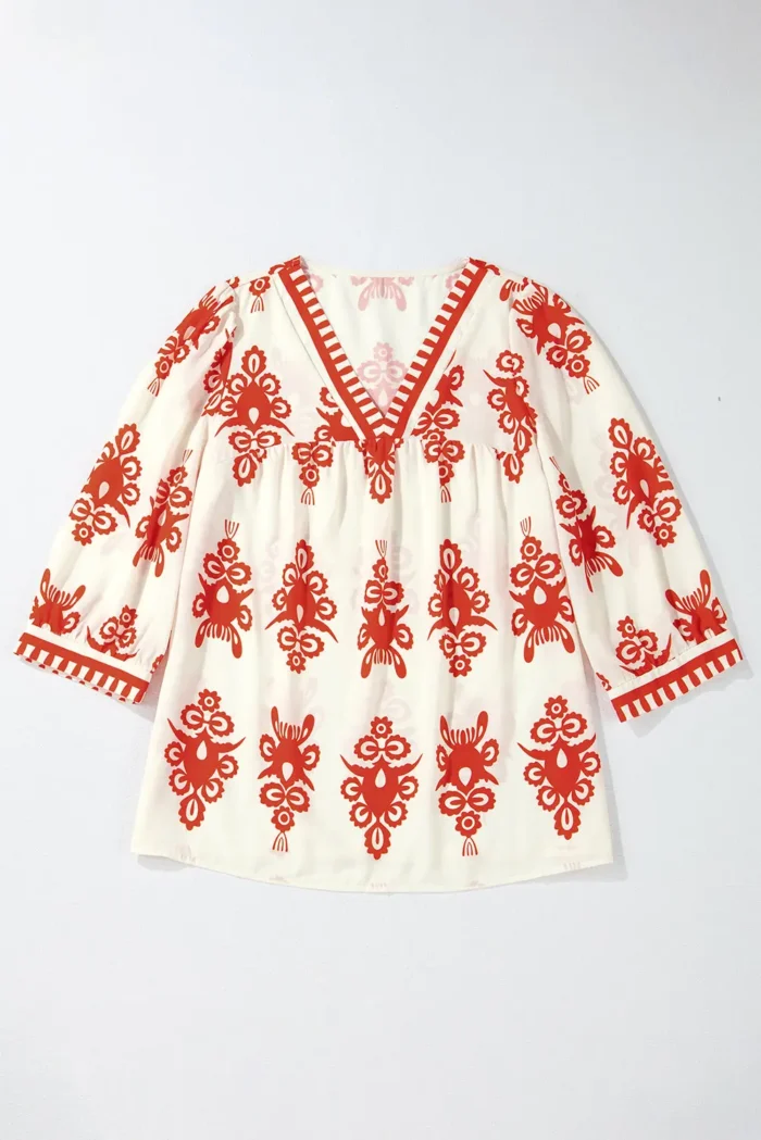 Chic Vintage Geometric Printed V Neck Blouse - 3/4 Sleeves, Sophisticated Style - Image 9