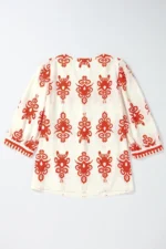 Chic Vintage Geometric Printed V Neck Blouse - 3/4 Sleeves, Sophisticated Style - Image 8