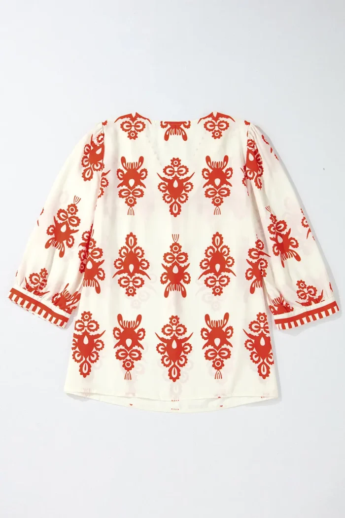 Chic Vintage Geometric Printed V Neck Blouse - 3/4 Sleeves, Sophisticated Style - Image 8