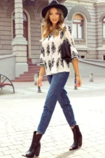 Chic Vintage Geometric Printed V Neck Blouse - 3/4 Sleeves, Sophisticated Style - Image 3