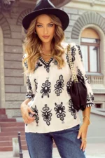 Chic Vintage Geometric Printed V Neck Blouse - 3/4 Sleeves, Sophisticated Style - Image 4