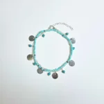 Delicate Discs and Turquoise Beads Anklet - White Gold Plated, 7-inch Stretchable Bracelet & Anklet Combo with Turquoise Charms - Image 2