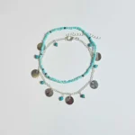 Delicate Discs and Turquoise Beads Anklet - White Gold Plated, 7-inch Stretchable Bracelet & Anklet Combo with Turquoise Charms