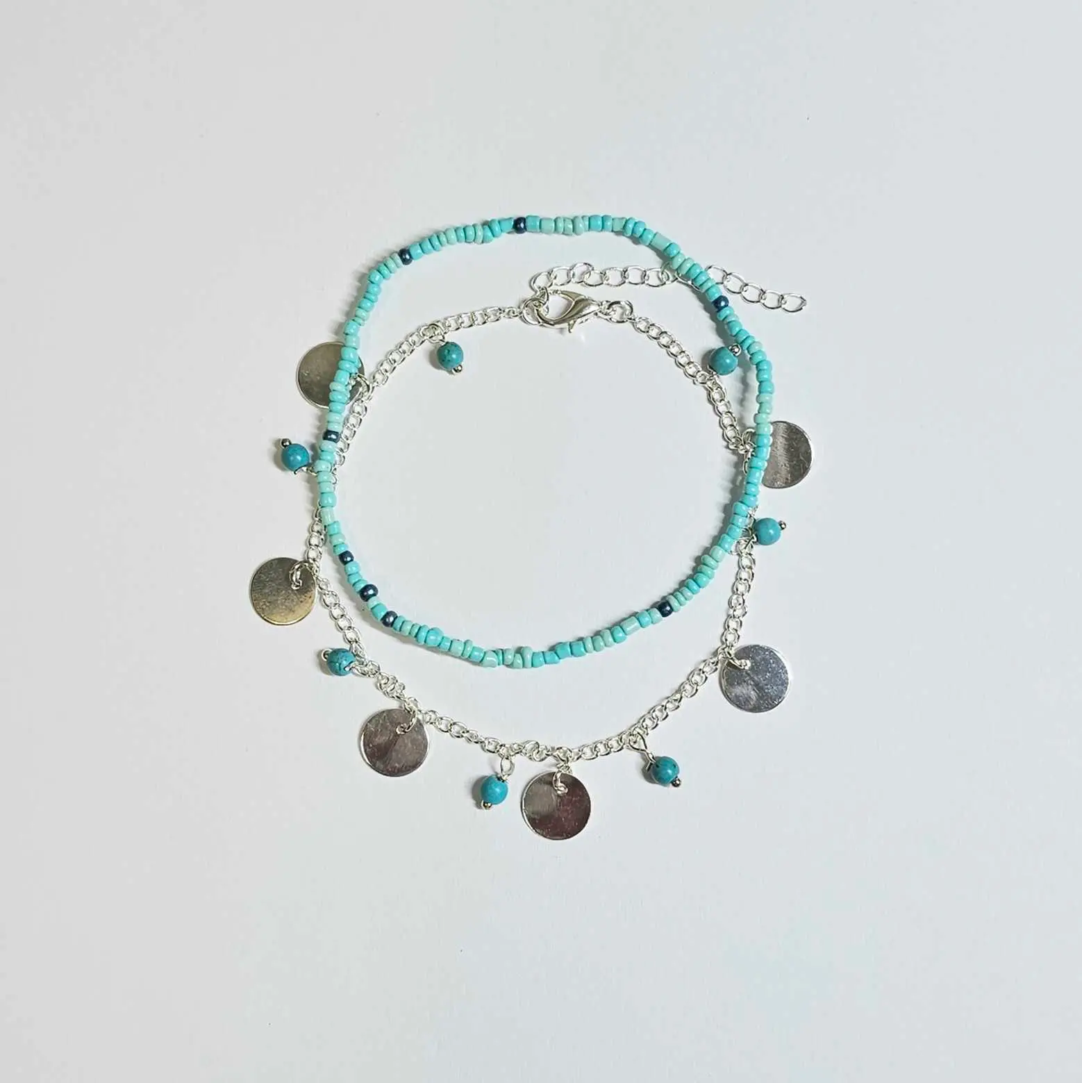 41471218_large.webp Delicate Discs and Turquoise Beads Anklet - White Gold Plated, 7-inch Stretchable Bracelet & Anklet Combo with Turquoise Charms - Image 1