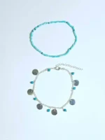 Delicate Discs and Turquoise Beads Anklet - White Gold Plated, 7-inch Stretchable Bracelet & Anklet Combo with Turquoise Charms - Image 3