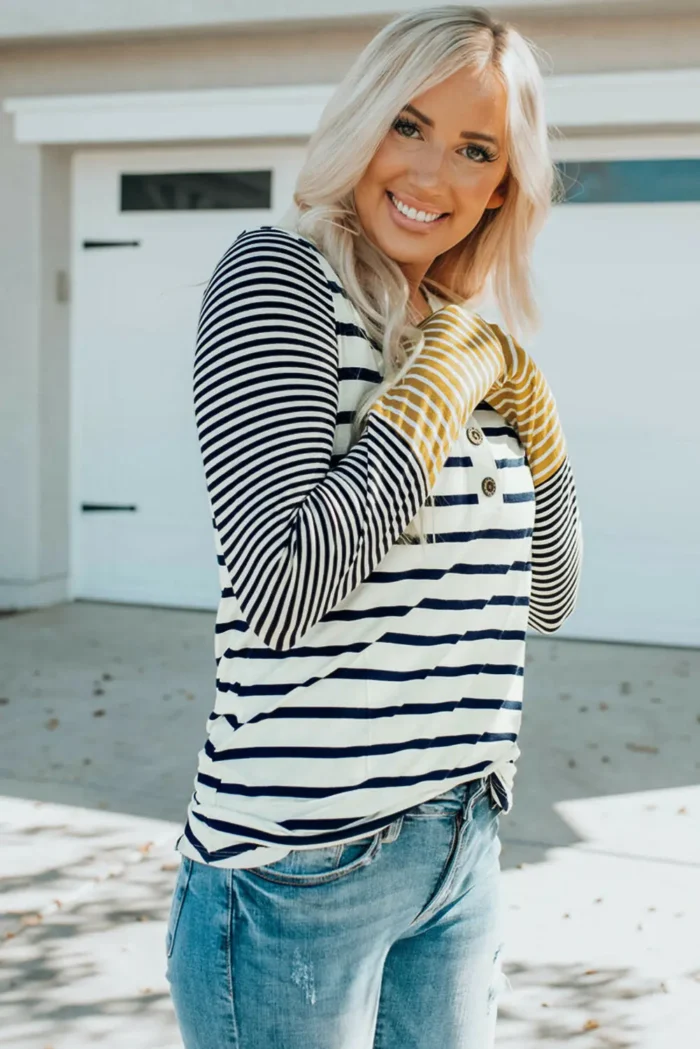Annie Stripe Button Henley Top - Stylish & Comfortable Fall Fashion Wear - Image 4