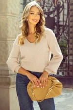 Lia Knot Back Sweater - Stylish Lantern Sleeves, V-Neck, Chic Knot Detail - Image 2