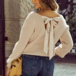 Lia Knot Back Sweater - Stylish Lantern Sleeves, V-Neck, Chic Knot Detail