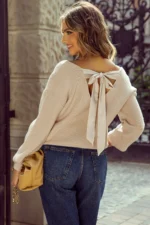 Lia Knot Back Sweater - Stylish Lantern Sleeves, V-Neck, Chic Knot Detail