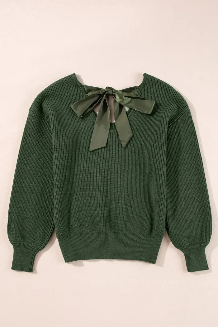 Lia Knot Back Sweater - Stylish Lantern Sleeves, V-Neck, Chic Knot Detail - Image 6
