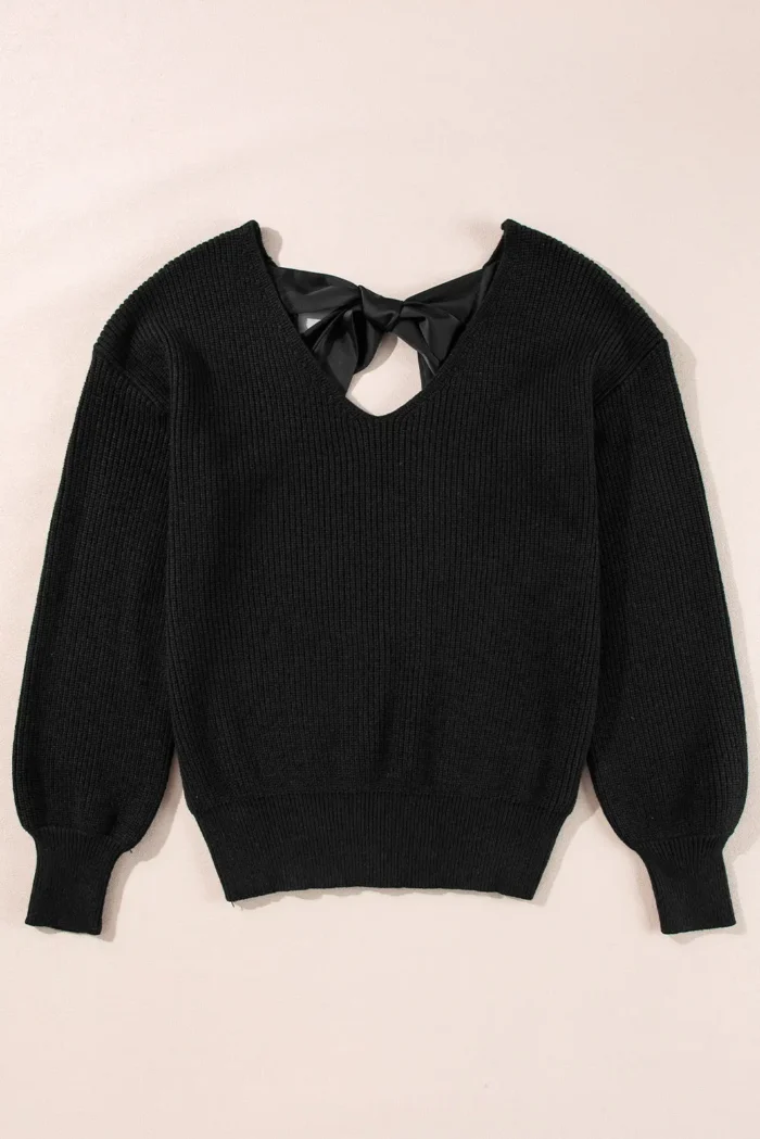 Lia Knot Back Sweater - Stylish Lantern Sleeves, V-Neck, Chic Knot Detail - Image 8