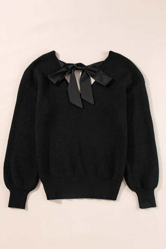 Lia Knot Back Sweater - Stylish Lantern Sleeves, V-Neck, Chic Knot Detail - Image 9