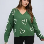 V-neck Embellished Hearts Long Sleeve Knitted Jumper - Cozy & Stylish Women's Knitwear