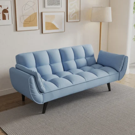 Luxurious 57" Blue Velvet Sofa with Two Armrests & Throw Pillow - Perfect for Small Spaces