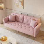 Luxurious Pink Velvet Sofa Bed with Nail Head Trim & Throw Pillow | Elegant 2-Seater with Gold Metal Legs - 69.7 Inch - Image 2