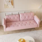 Luxurious Pink Velvet Sofa Bed with Nail Head Trim & Throw Pillow | Elegant 2-Seater with Gold Metal Legs - 69.7 Inch - Image 3