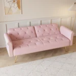 Luxurious Pink Velvet Sofa Bed with Nail Head Trim & Throw Pillow | Elegant 2-Seater with Gold Metal Legs - 69.7 Inch - Image 4