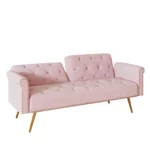 Luxurious Pink Velvet Sofa Bed with Nail Head Trim & Throw Pillow | Elegant 2-Seater with Gold Metal Legs - 69.7 Inch - Image 7