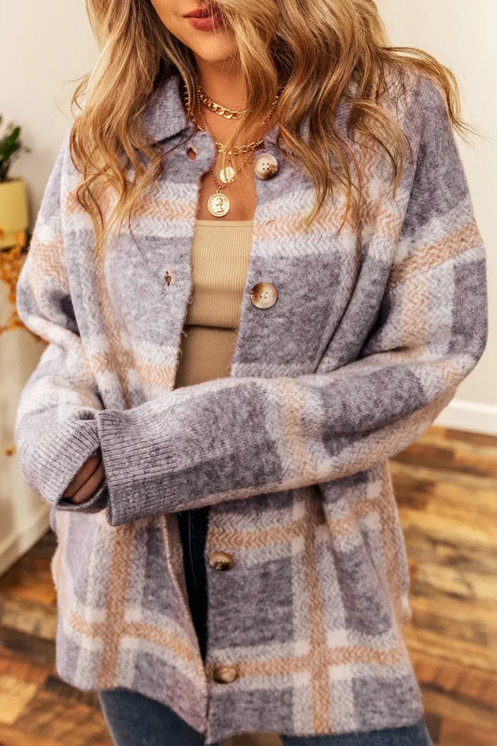 Ana Fuzzy Plaid Collared Button-Up Cardigan - Stylish & Cozy Outerwear for Chilly Days - Image 1