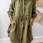 Harmony Textured Button Up Dress with Dual Adjustable Ties and Elegant Bracelet Sleeves | Chic & Versatile Fashion