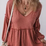 Rowan Textured Frilled Trim Puff Sleeve Blouse - Elegant V-Neck Top for Any Occasion
