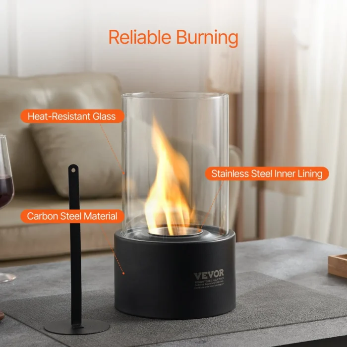 Tabletop Fire Pit - 6" Metal Fireplace with Glass for Indoor & Outdoor - Portable & Smokeless - Image 3