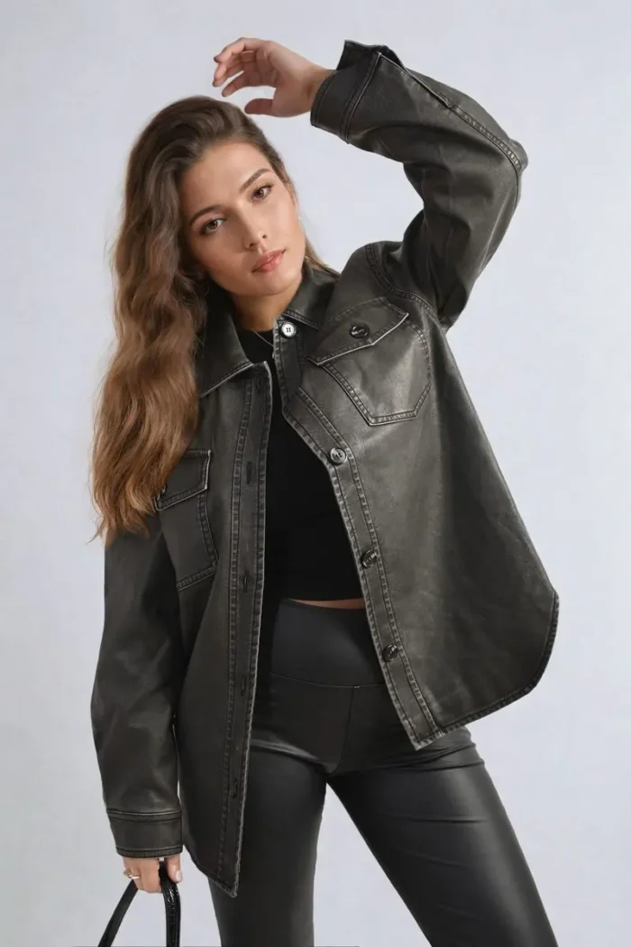 Stylish Button Front Pocket Detail Faux Leather Jacket for a Chic Look - Image 1