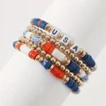 Patriotic USA Beaded Bracelet Set - Handmade Polymer Clay & Letter Beads | 5pcs