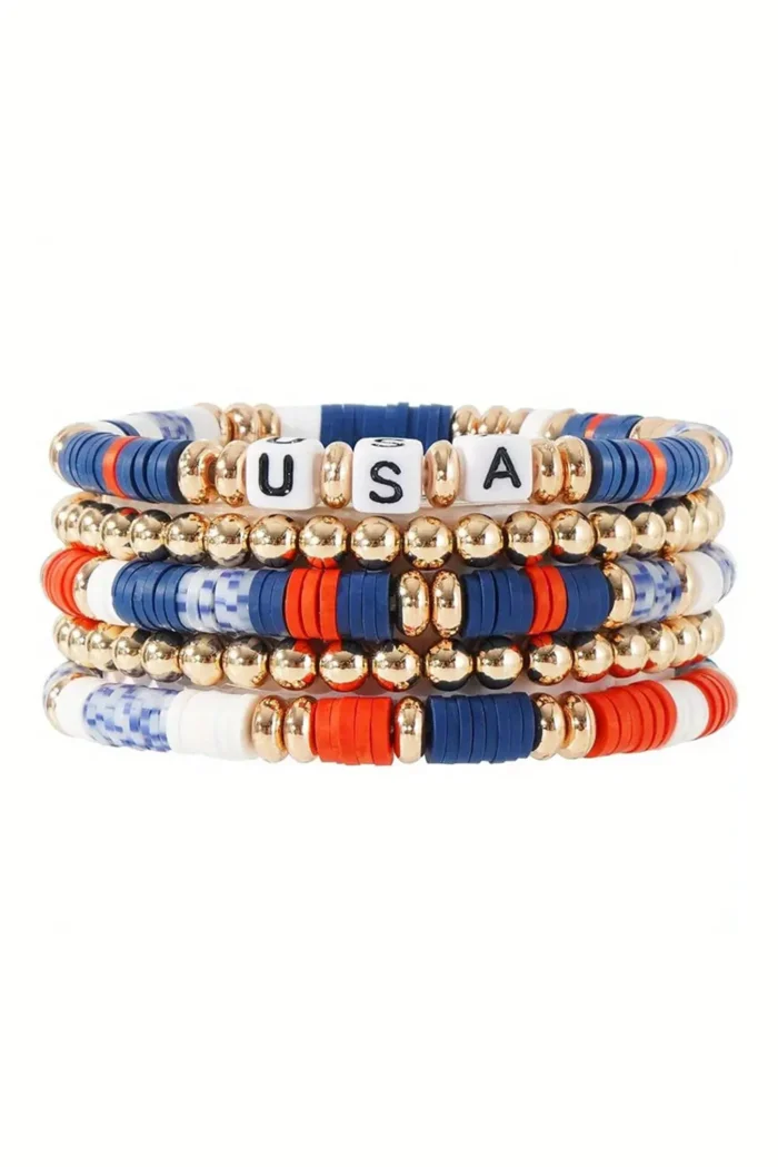 Patriotic USA Beaded Bracelet Set - Handmade Polymer Clay & Letter Beads | 5pcs - Image 2